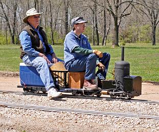  Photograph (C)2009 F Axtell Kramer
Builder Denis and Dad behind the still-new Crab locomotive on 11-April-2009, the first steam-up of the year for the St. Louis Live Steamers.